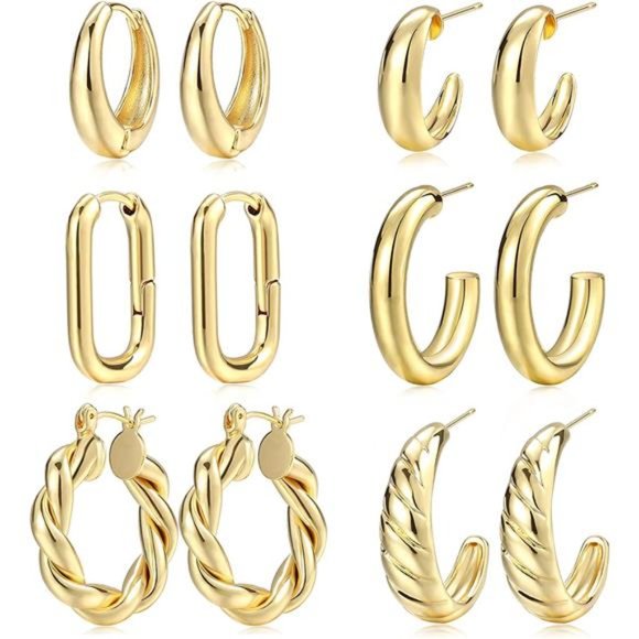 Gold Hoop Earrings Set Women 14K Gold Plated Lightweight Hypoallergenic Chunky - Picture 1 of 6